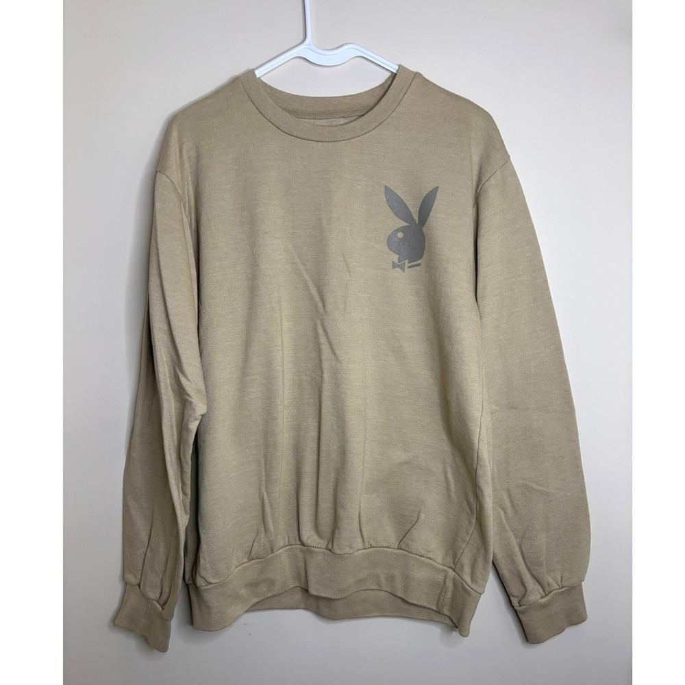 Playboy Tan Graphic Crewneck Sweatshirt Multi Logo Khaki Neutral Womens Large
